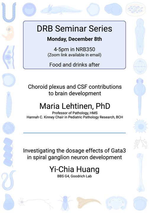 Join us next 12/8 at 4pm in Longwood at the New Research Building (NRB 350)! We'll have talks from Prof. Maria Lehtinen and BBS Yi-Chia Huang followed by food and drinks.